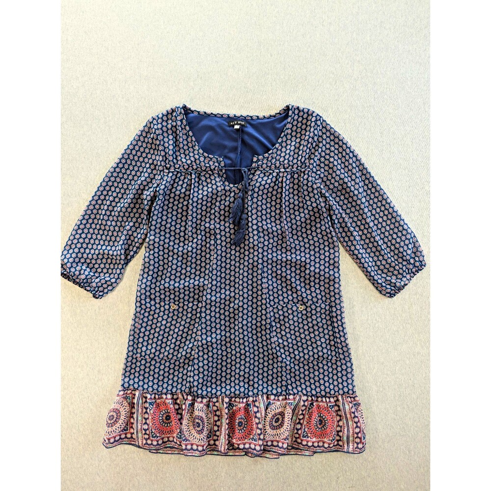As U Wish Women's L Blue Red Floral 3/4 Sleeve Tie Neck Mini Dress Pockets